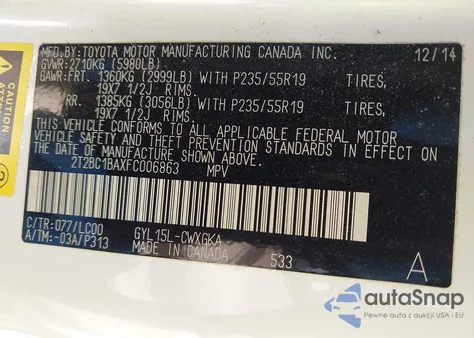 2015 Lexus Rx 450H z USA, uszkodzony, nr VIN 2T2BC1BAXFC006863